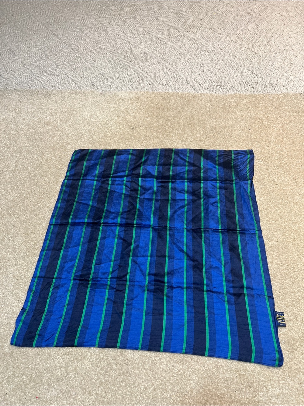 Vintage Televerket Sweden Pure Silk Blue Green Striped Square Scarf 23.5”